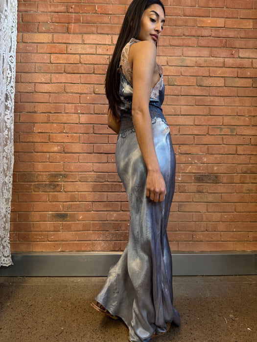 Azure, 20s bias cut hand dyed dress with lace detail