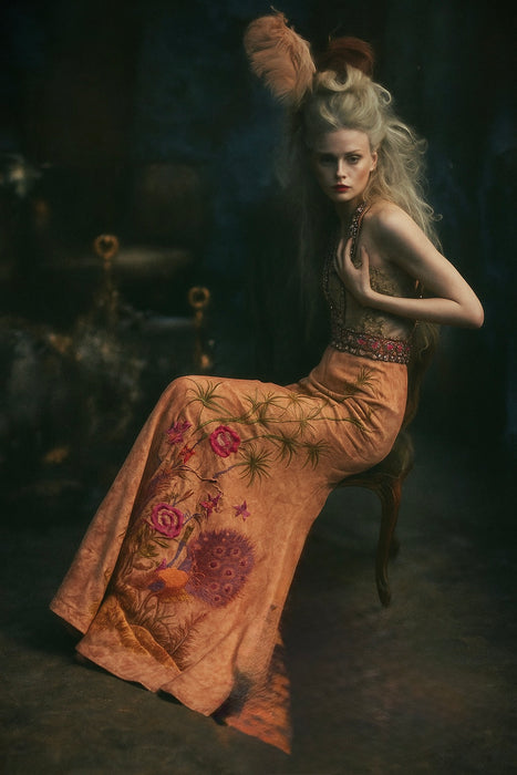 Aurora, reworked 18th C embroidered and lace dress