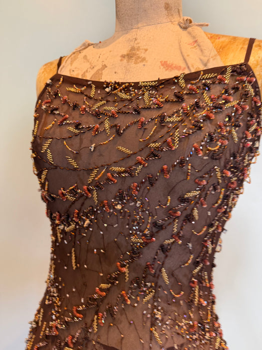 Tory, 90s beaded brown bias cut chiffon handkerchief dress
