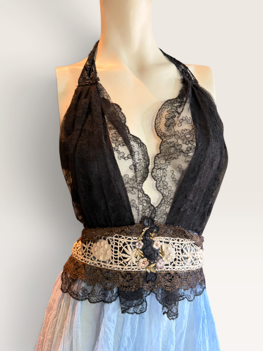 Portia, hand dyed Victorian pale blue cotton and black Chantilly lace dress