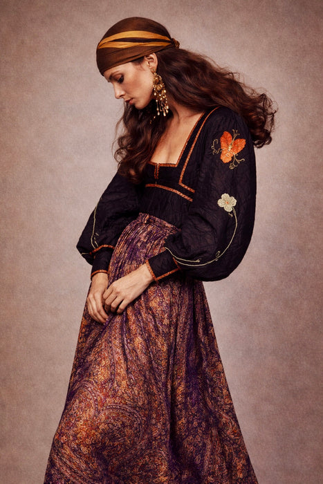 Bill Gibb, 70s jacket embroidered jacket and reversible metallic skirt