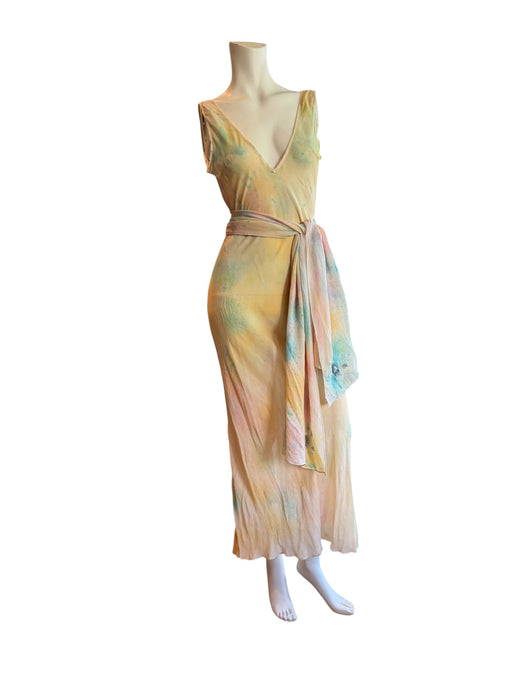 Aline, hand dyed 30s silk bias cut dress with attached belt/cape