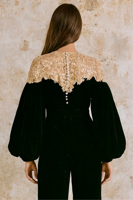 Treena, reworked 30s velvet and lace jumpsuit