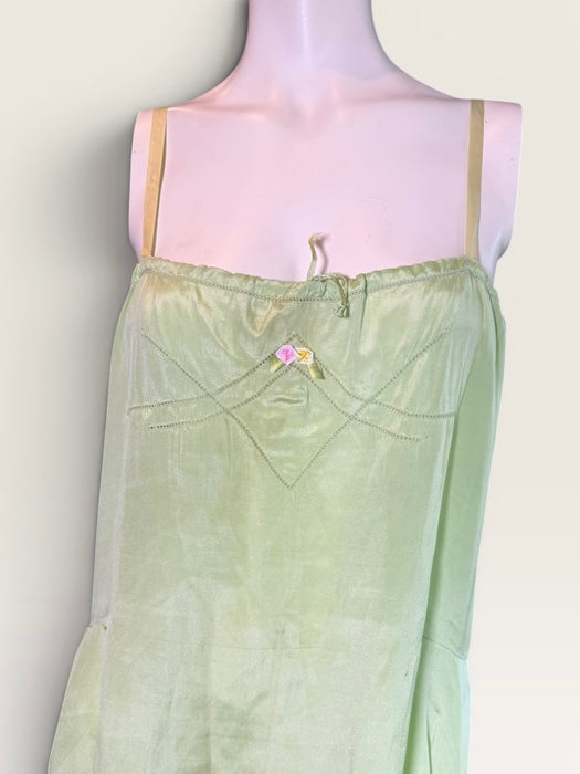 Tara, 1920s apple green silk and lace scalloped short dress with floral ribbon detail
