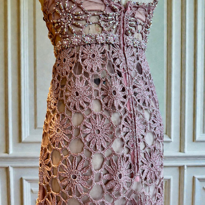 Juno, Couture 60s pink and silver crochet jewelled dress