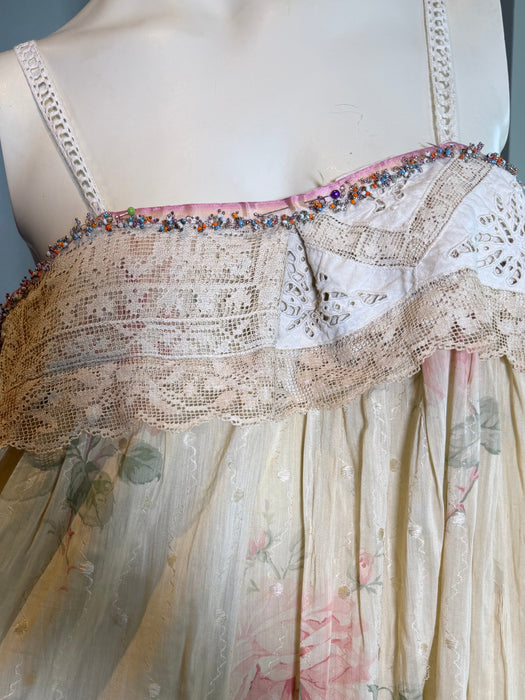 Mattie, reworked Victorian frill, floral cotton dress and lace beaded details