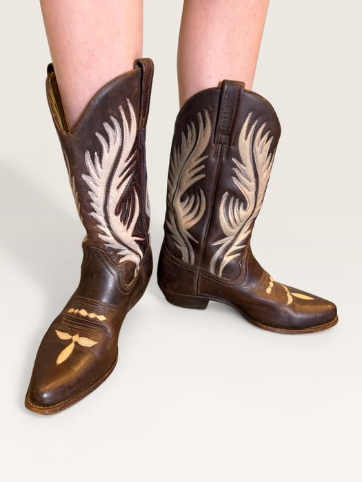 Ozark, 70s brown and cream tooled hand painted cowboy boots