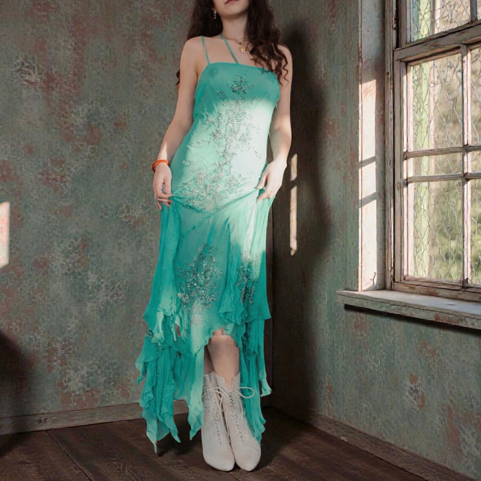 Esmeralda, 90s bias cut chiffon beaded dress with handkerchief silhouette