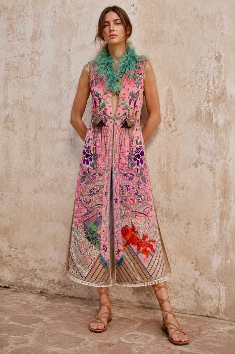 Adage, 19thC pink silk embroidered Chinese long waistcoat with feather collar