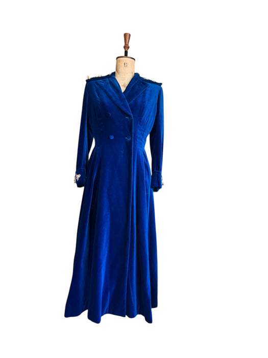 Stevie, 70s couture blue velvet double breasted jewelled coat