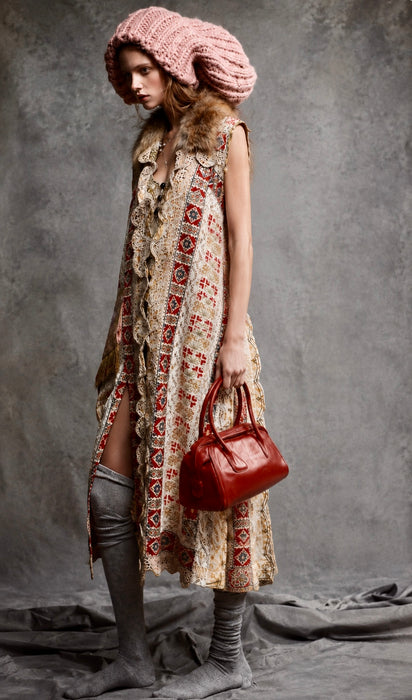 Chiara, 19th C Greek hand woven embroidered waistcoat with a faux fur collar and beaded side pocket