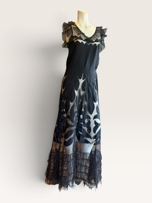 Oriel, 30s black net silk cut out frill dress