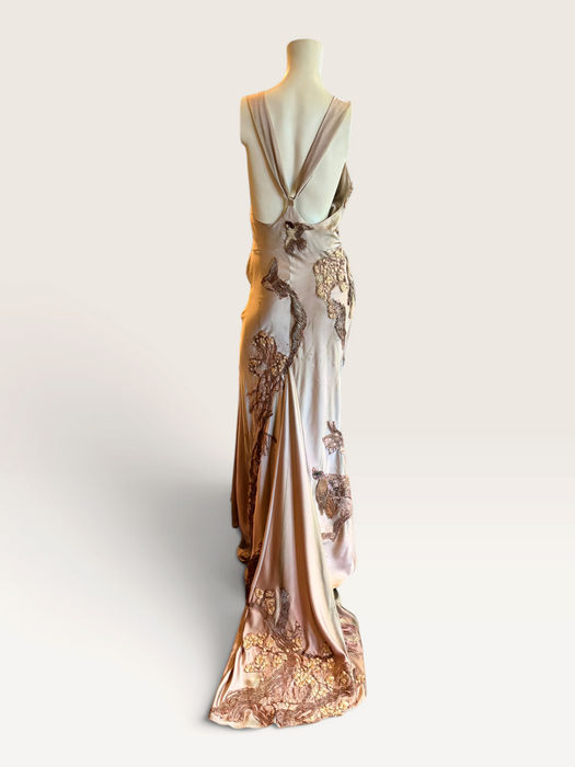 Daria, reworked antique pink bias cut silk and 1930s découpage gown