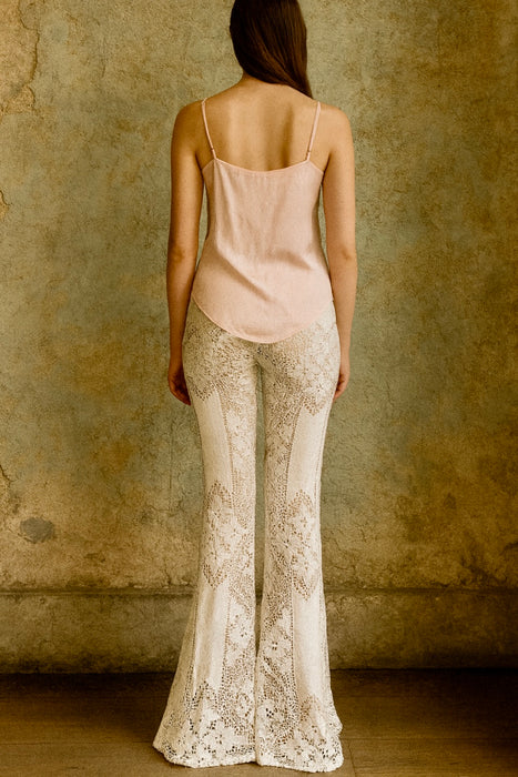 Monique, reworked 40s cream crochet flair trousers