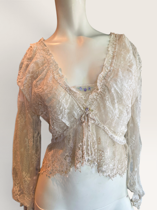 Medina, reworked 30s long sleeved French lace blouse with ribbon florals