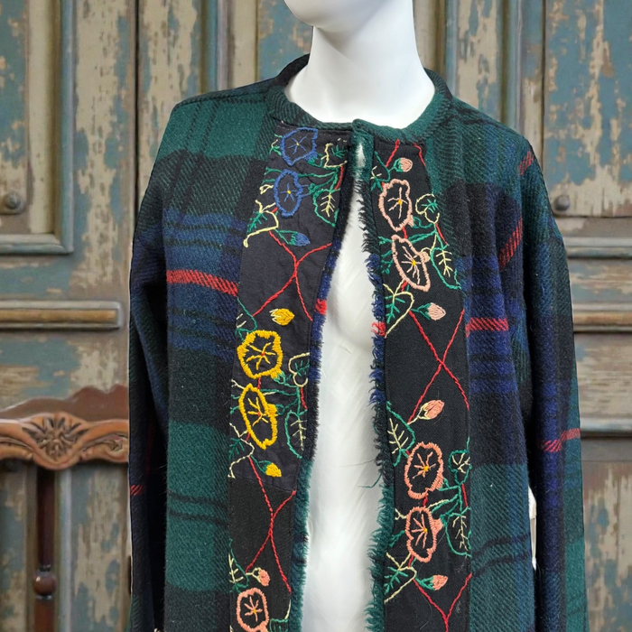 Cara, reworked 70s embroidered blanket plaid coat