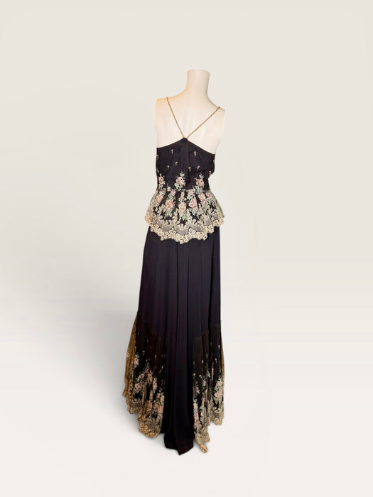 Andrea, 1970s black crepe and lace tiered dress