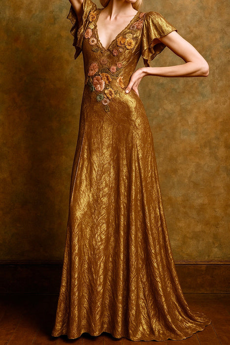 Astrid, 20s bronze/gold bias cut lamé dress with 18thC chenille floral accents