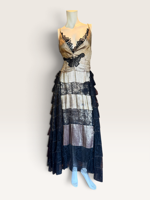 Fay, reworked 1930s gold and black lace tiered dress