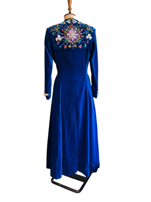 Stevie, 70s couture blue velvet double breasted jewelled coat
