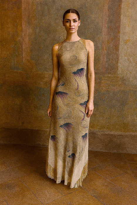 Martina, reworked 20s gold print lamé fringed dress