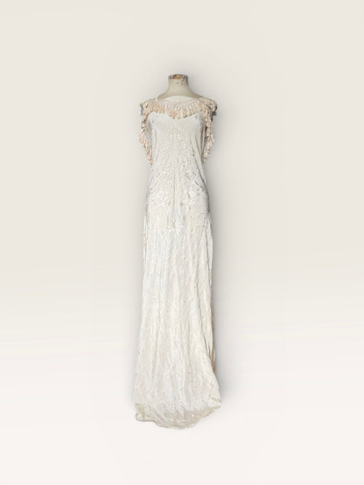 Odette, reworked 20s cream silk embroidered piano shawl