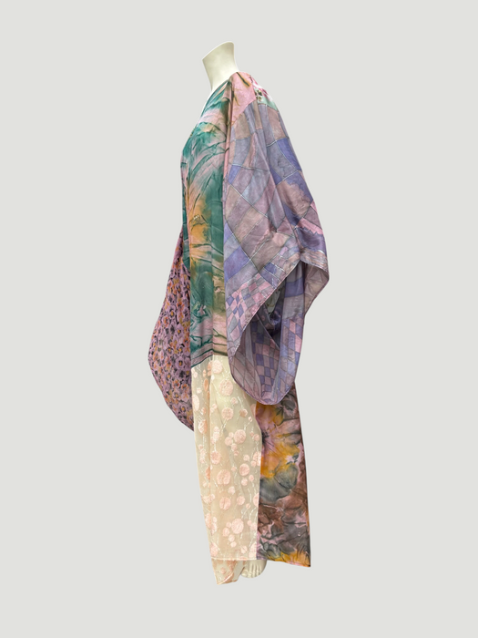 Aline, reworked silk 70s hand painted patchwork parachute kaftan