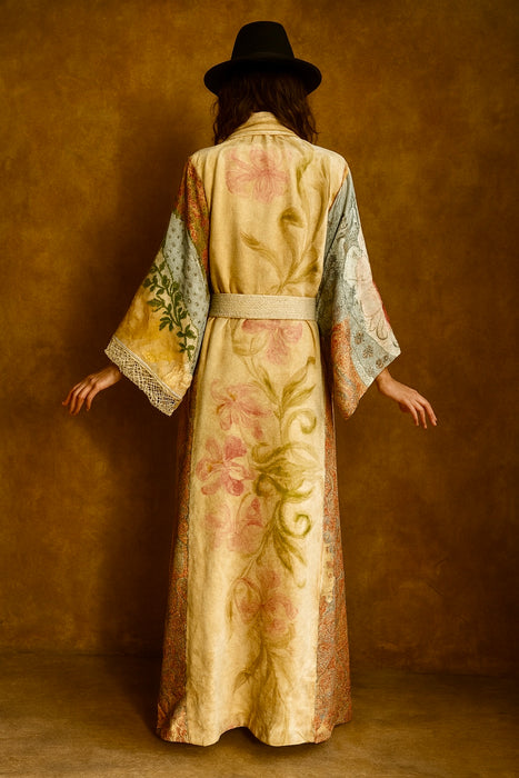 Moana, reworked 40s silk patchwork and hand painted velour long kimono