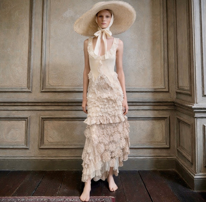 Darcy, vintage muslin and crochet tiered asymmetric dress