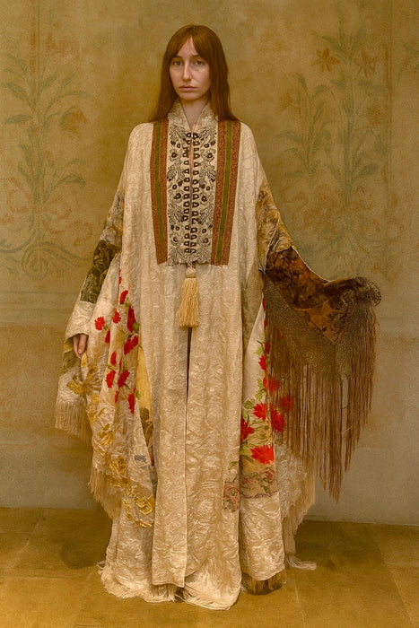 Donna, Reworked 40s Kashmiri embroidered patchwork fringed cape