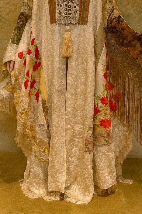 Donna, Reworked 40s Kashmiri embroidered patchwork fringed cape