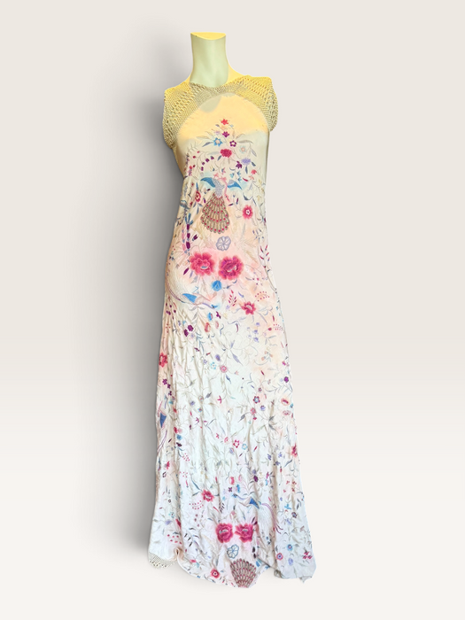 Daria, reworked bias cut cream piano shawl embroidered fringed dress