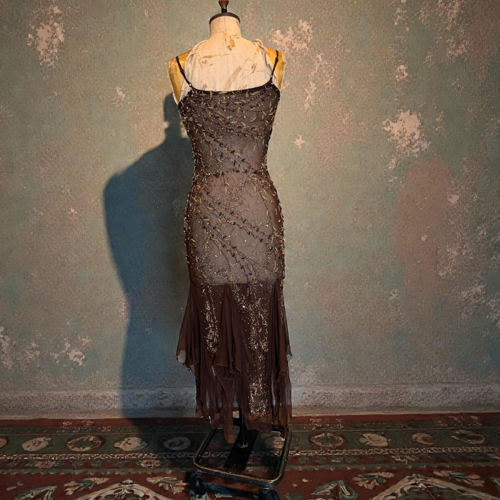 Tory, 90s beaded brown bias cut chiffon handkerchief dress