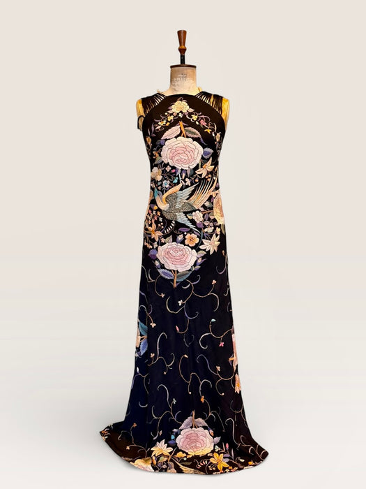 Angel, reworked 30s silk embroidered piano shawl bias cut dress