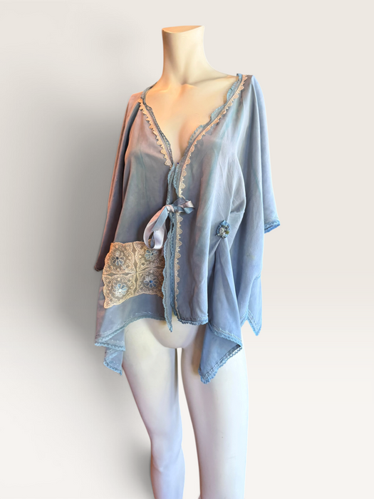 Adina, 30s, hand dyed pale blue silk and lace jacket