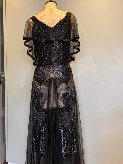 Megan, original 20s black sequins and net dress dress with beaded belt