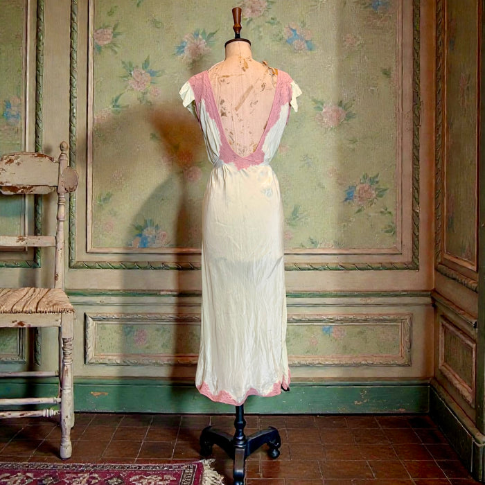 Apoline, 30s bias cut mint green and pink lace silk slip dress
