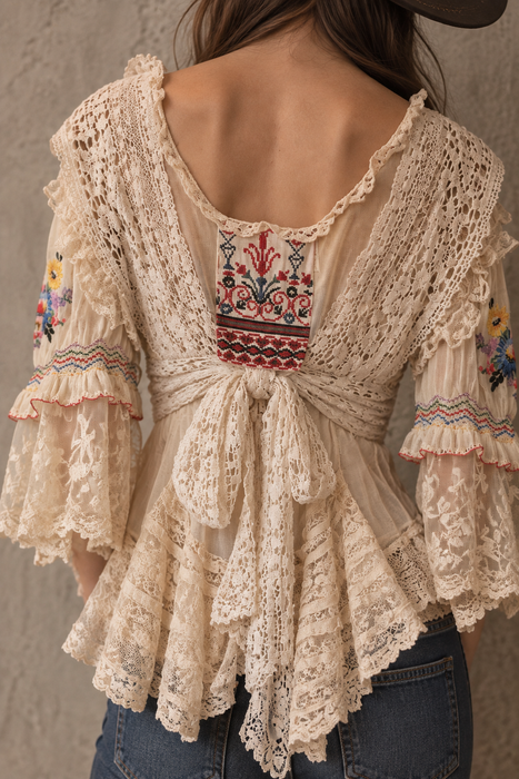 Paulina, reworked antique lace blouse with Romanian silk embroidered sleeves and collar