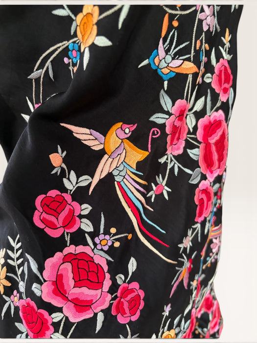 Blackbird, reworked 40s black silk piano shawl floral short dress