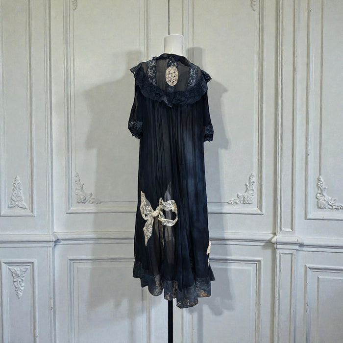 Gina, 30s black chiffon and lace robe with cream lace bows