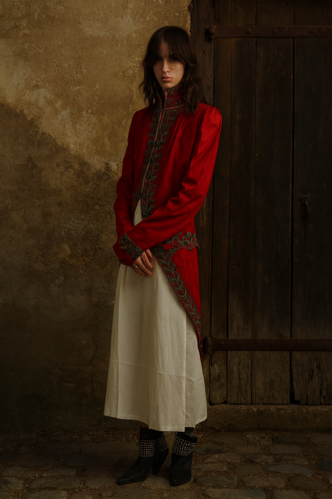 Miel, 19th C, red beaded embroidered tailcoat