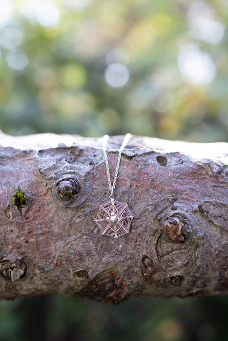 Lane, Victorian silver spiderweb charm on a silver chain