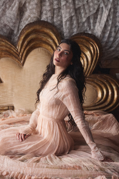 Toni, Victorian blush pink organza long gown