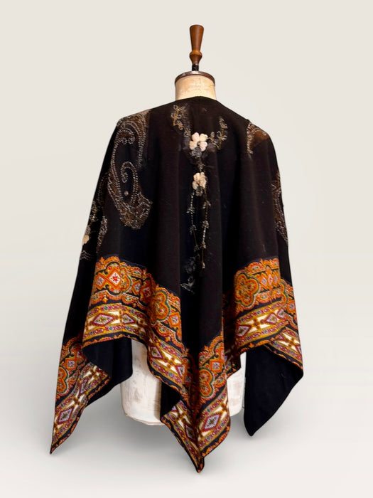 Marina, 70s paisley wool cape with 20s beading and floral embroidery