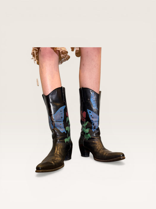 Dallas, 70s black leather hand painted cowboy boots