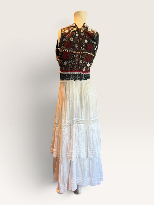 Natalia, reworked Victorian tiered skirt and Afghan beaded dress