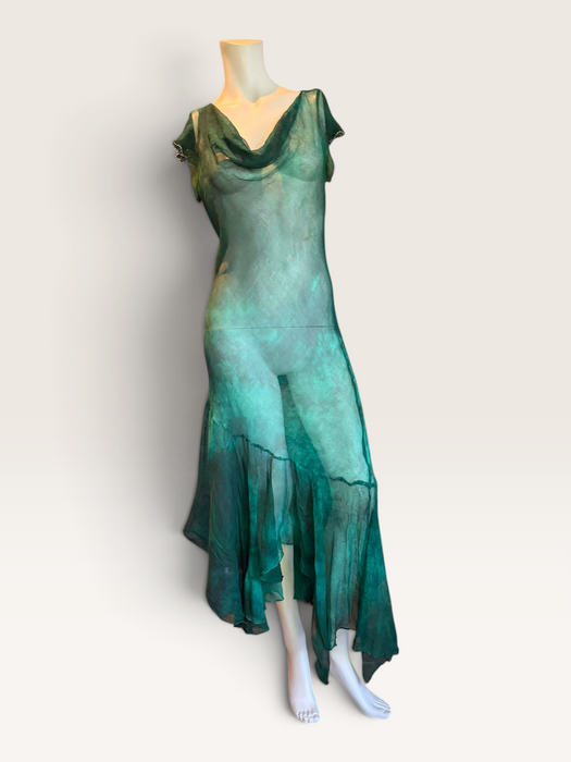 Ronda, hand dyed emerald green bias cut, asymmetric vintage chiffon beaded dress