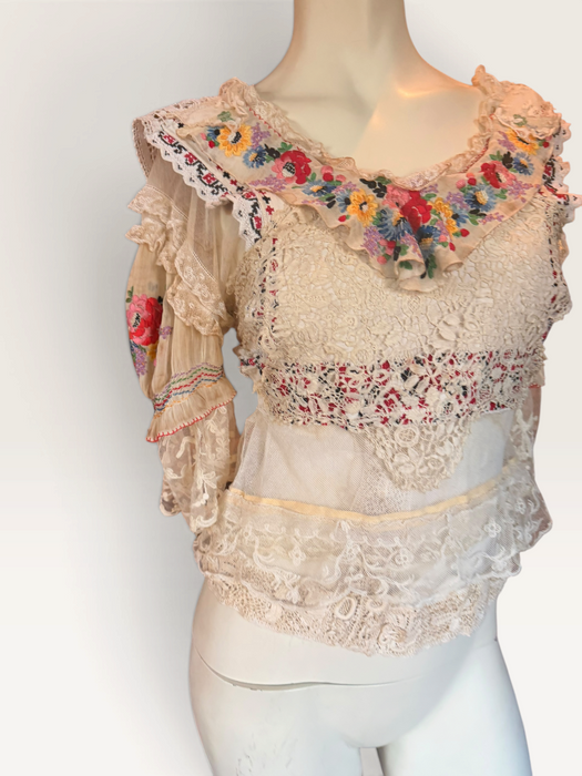Paulina, reworked antique lace blouse with Romanian silk embroidered sleeves and collar