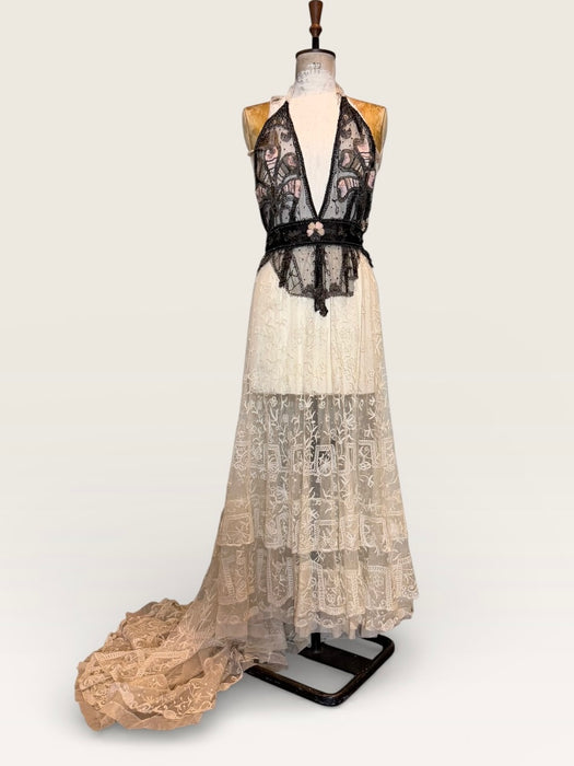 August, reworked Victorian French lace and 20s beaded dress