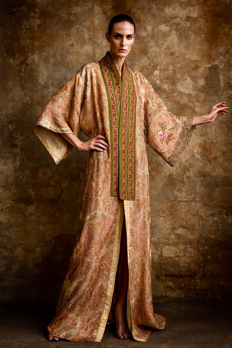 Moana, reworked 40s silk patchwork and hand painted velour long kimono
